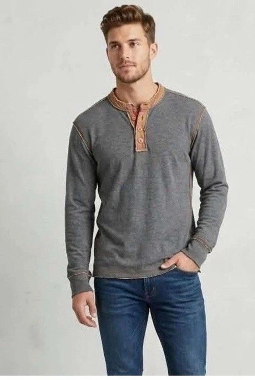 Carbon 2 Cobalt Henley Shirt Mens M Long Sleeve Gray Cotton Raw Seam 100% Cotton